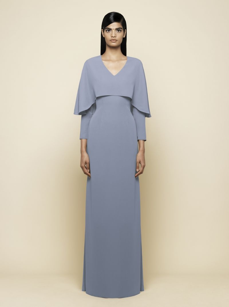 vestido largo de fiesta capa asimetrica para boda, nochevieja, lila monica cordera